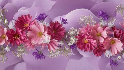 Composition with beautiful eustoma and gypsophila flowers on lilac background