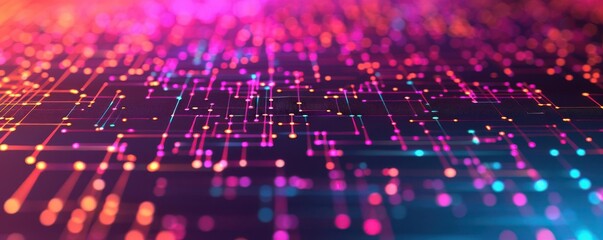Abstract technology background with a colorful visualization of data points and network connections in a digital space.