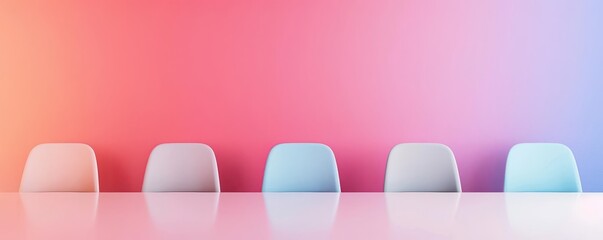 Modern, vibrant conference room with a row of colorful chairs against a gradient pink to blue wall, ideal for meetings and creative discussions.