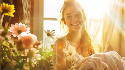 Naklejka premium Smiling Woman Surrounded by Magical Flowers in Sunlit Domestic Setting,Laundry Enchantment