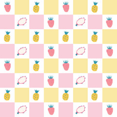 Seamless vector mosaic pattern with pineapples, strawberries and pitaya.