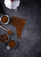 Grounded coffee and beans from South America