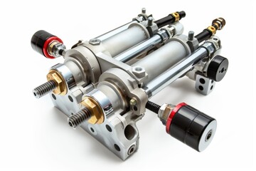 Hydraulic system components with pistons and fluid lines, showcasing power transmission. Isolate white background