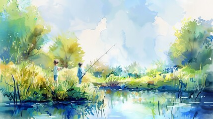 Watercolor painting of a young boys fishing by a pond in a lush forest. Concept of childhood, nature, outdoor leisure, tranquility