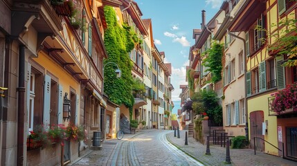 Fototapeta premium Charming Cobblestone Streets in Historic Old Town Cityscape with Captivating Architectural Beauty