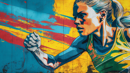 Pop art comic street graffiti with runner on brick wall. Summer sports games background banner.