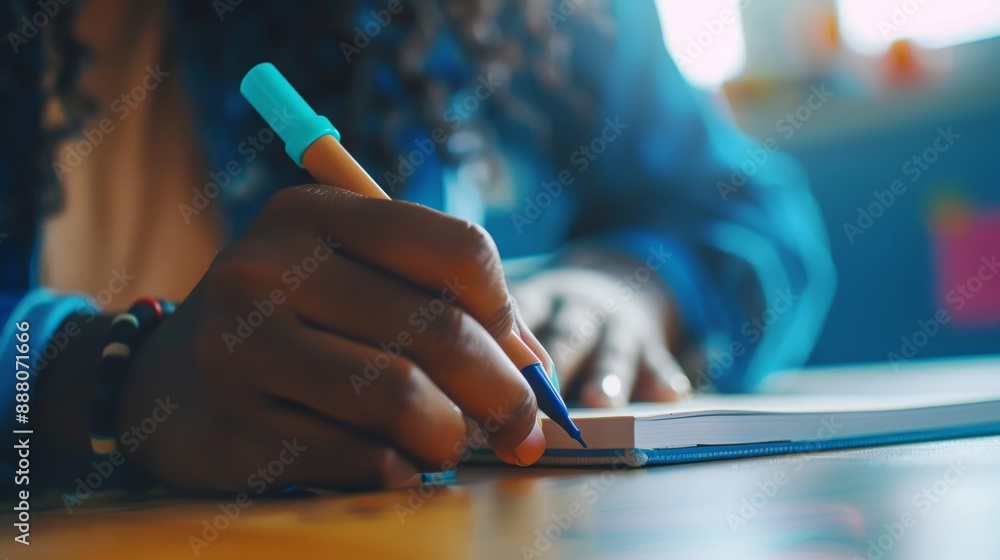 Poster importance of note-taking in education: close-up of a student's hand writing in a notebook with a bl