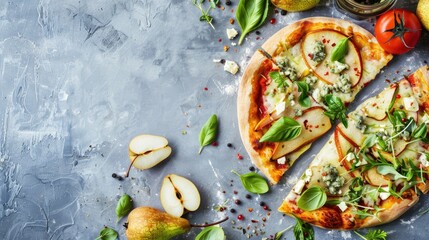 Delicious vegetable pizza with pear and gorgonzola mozzarella and microgreens on a gray table with ingredients Aerial shot Food establishment promotional image with room for text