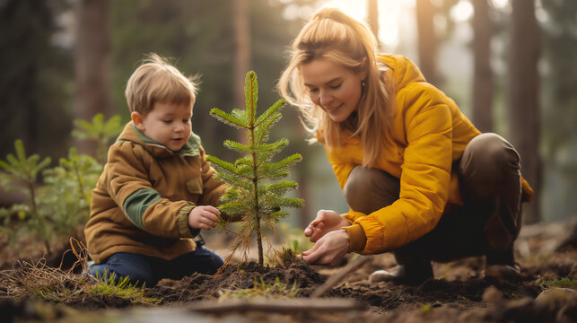 mother and child in forest planting a pine tree sapling, ecology and environmental awareness, copy space - Powered by Adobe