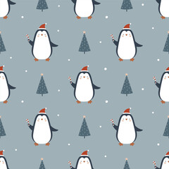 Seamless Christmas pattern with funny penguins and Christmas trees on a gray background.