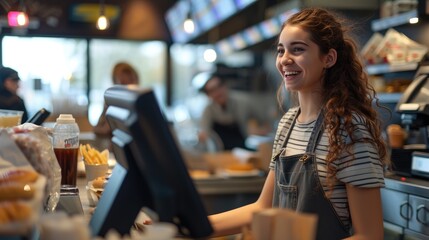 Happy customers at modern fast food joint