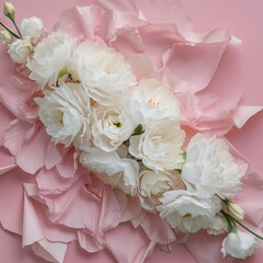 White flowers on pink paper background