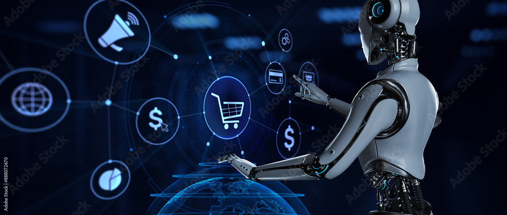 Poster e-commerce online shopping. robot pressing button on screen 3d render.