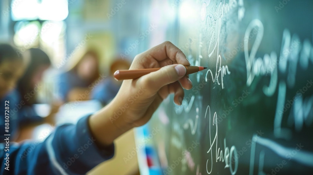 Poster student's hand writing a mathematical formula on a blackboard with classmates in the background duri