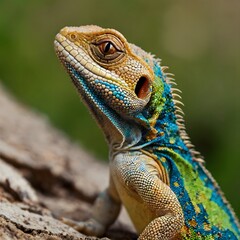 A close-up shot of a lizard's skin texture and eye with a blurred natural background 