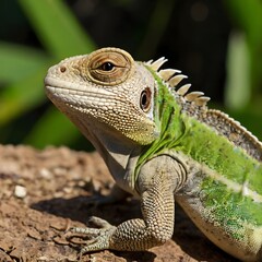 A close-up shot of a lizard's skin texture and eye with a blurred natural background 