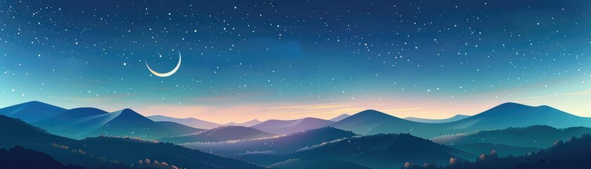 Create a beautiful landscape image of a mountain range at night. Make the colors vibrant and the stars bright. Include a crescent moon in the sky.
