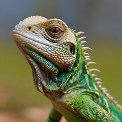 A close-up shot of a lizard's skin texture and eye with a blurred natural background 