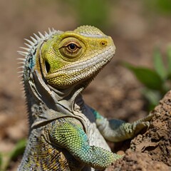 A close-up shot of a lizard's skin texture and eye with a blurred natural background 