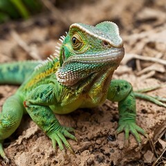 A close-up shot of a lizard's skin texture and eye with a blurred natural background 
