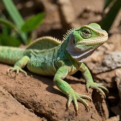 A close-up shot of a lizard's skin texture and eye with a blurred natural background 