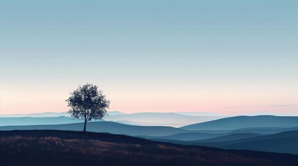 Fototapeta premium A lone tree stands on a hill, overlooking a vast landscape of mountains and valleys