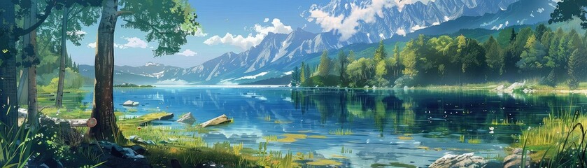 Generate a high quality digital matte painting of a beautiful lakeside landscape