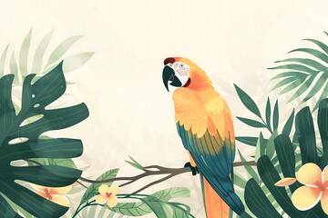 Beautiful retro botanical tropic illustration of a parrot among flowers and plants, background, cover