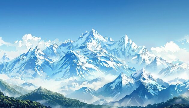 A beautiful landscape painting of snow-capped mountains in the distance with green rolling hills and a river in the foreground. The sky is blue and dotted with white clouds.