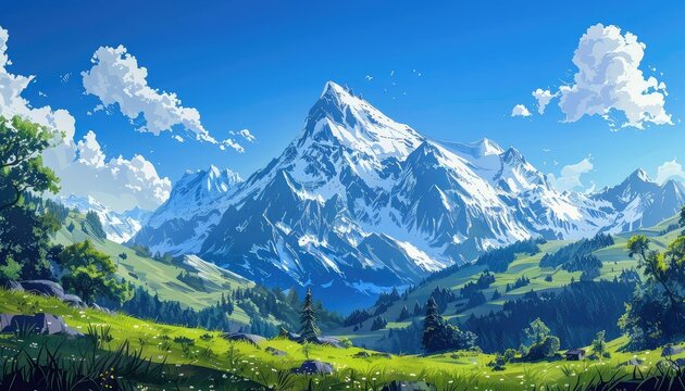 A beautiful landscape painting of snow-capped mountains in the distance with green rolling hills and a river in the foreground. The sky is blue and dotted with white clouds.