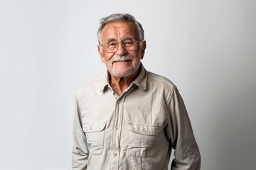 Obraz premium An elderly man with a warm smile poses confidently with his arms crossed, wearing a jacket. His relaxed demeanor and gentle expression reflect wisdom and contentment.