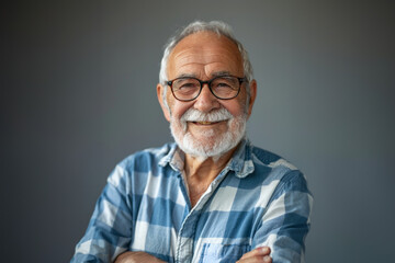 An elderly man with a warm smile poses confidently with his arms crossed, wearing a jacket. His relaxed demeanor and gentle expression reflect wisdom and contentment.