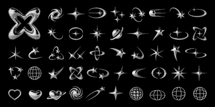 3D chrome elements set with star, heart, spark, and other Y2K shapes. Silver metallic shine with retro-futuristic pixel halftone effect. Glossy abstract vector elements for modern and retro designs