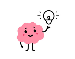 Vector cartoon illustration of cute happy brain character with light bulb in hand on white color background. Flat doodle line style design of smile brain think creative idea