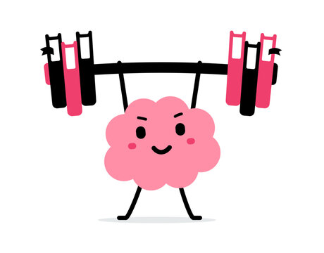 Vector cartoon illustration of strong happy brain character lift book barbell up on white color background. Flat doodle style design of healthy smile brain exercise with weight for education web site