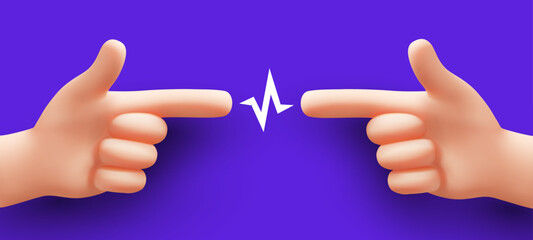 Vector illustration of two male hand with fore finger point gesture and lightning on color background. 3d style design of man white skin hand point gesture at each other