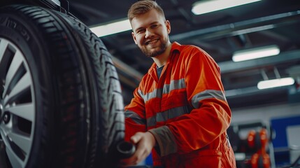 Young Smiling Mechanic in Red Coverall Holding Auto Tires and Preparing to Change Wheel in Car Service Garage. Automotive Maintenance and Repair Service with Professional Technician