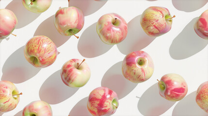 Pinkish apples scattered on a white surface with shadows.