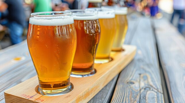 2 Close-up of a craft beer flight on a wooden table at a lively festival, beer, craft, festival - Powered by Adobe