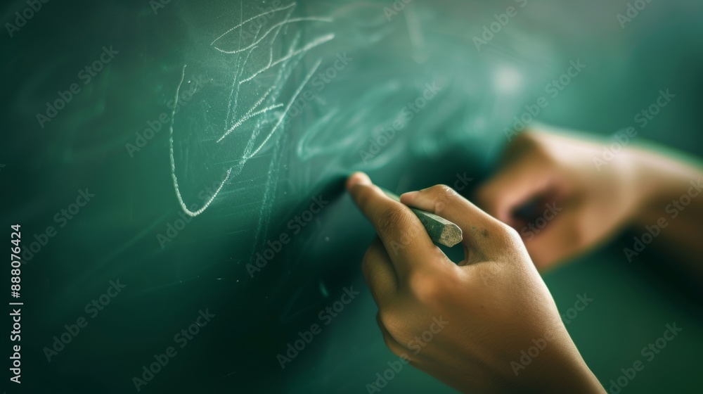 Aufkleber student is using white chalk to write a mathematical formula on a green chalkboard