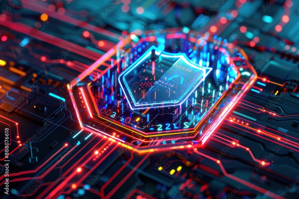 Poster a futuristic digital shield protecting data streams, with vibrant neon colors and complex patterns