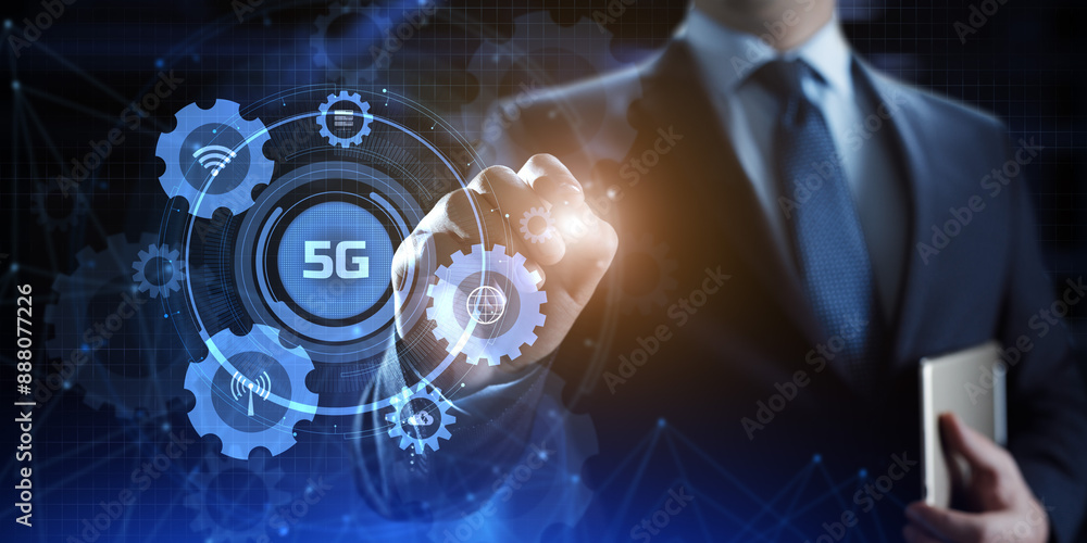 Poster 5g high-speed internet connection concept. businessman pressing button on screen.