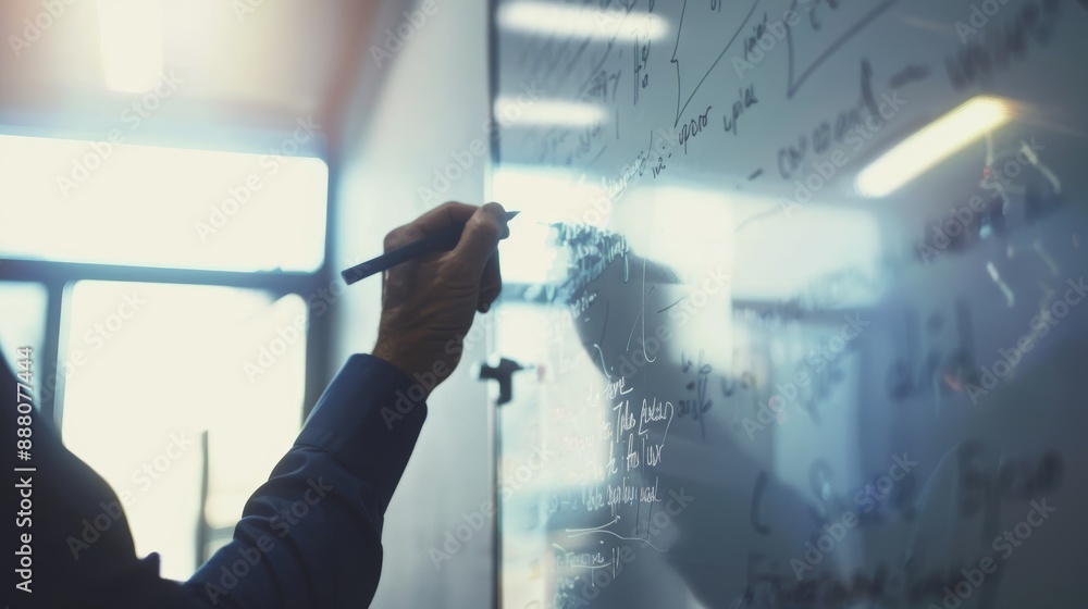 Poster scientist is formulating an experiment on a glass whiteboard in the laboratory