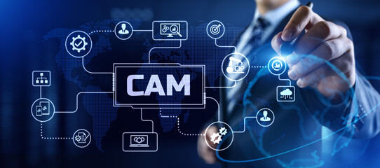 CAM Computer-aided manufacturing software system. Businessman pressing button on screen.