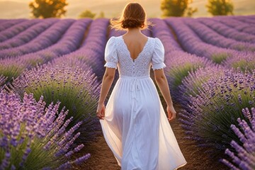 Woman in white dress walking by lavender flowers field at sunset