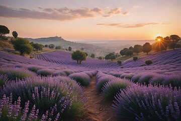 Lavender blooms in the field. sunset or sunrise over a lavender field.