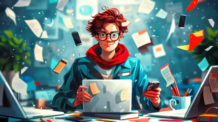 A young person with red hair and glasses is overwhelmed by the digital world, surrounded by floating devices and papers.
