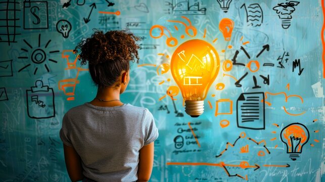 A woman stands before a wall covered in drawings and a glowing light bulb, representing inspiration and innovation.