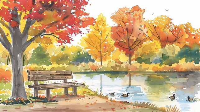 Watercolor painting of a bench beside a lake in autumn scenery. Concept of autumn landscape, fall foliage, park bench, serene nature