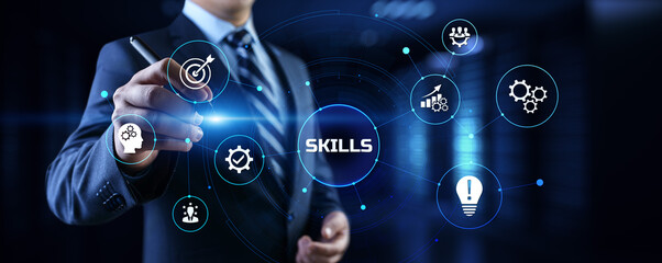 Skills education and personal development concept. Businessman pressing button on screen.
